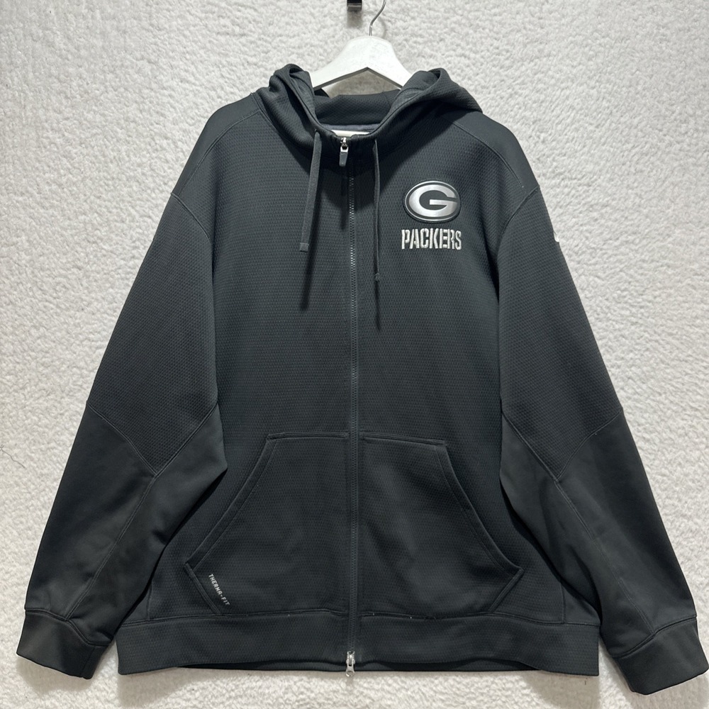 Nike NFL Green Bay Packers Jacket Size 2XL Full Zip Gray‎ Hoodie Therma Fit Logo
